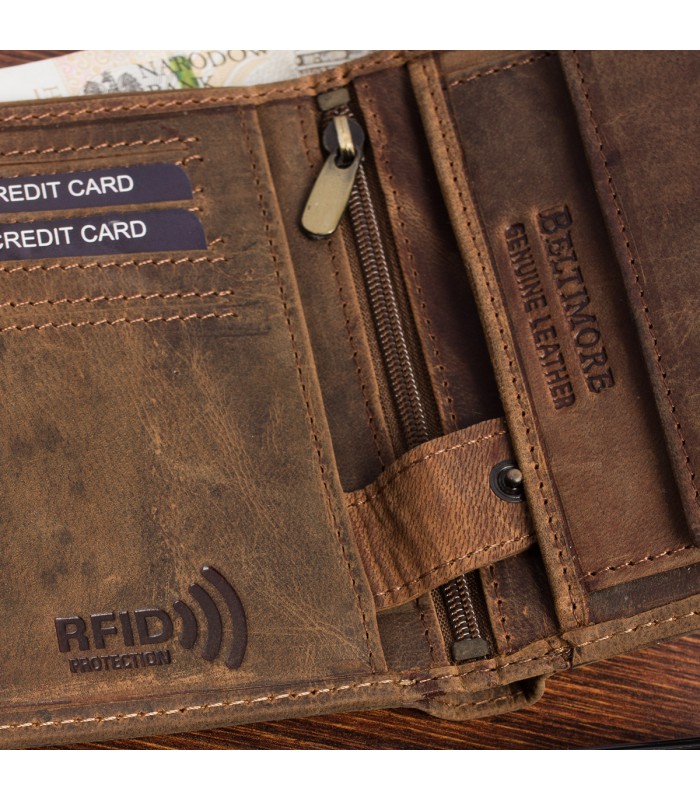 Portfel skórzany męski brązowy nubuk skóra motor RFiD Beltimore R90