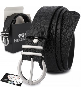 Skórzany pasek damski do spodni sukienki skóra croco czarna 3 cm Beltimore E54