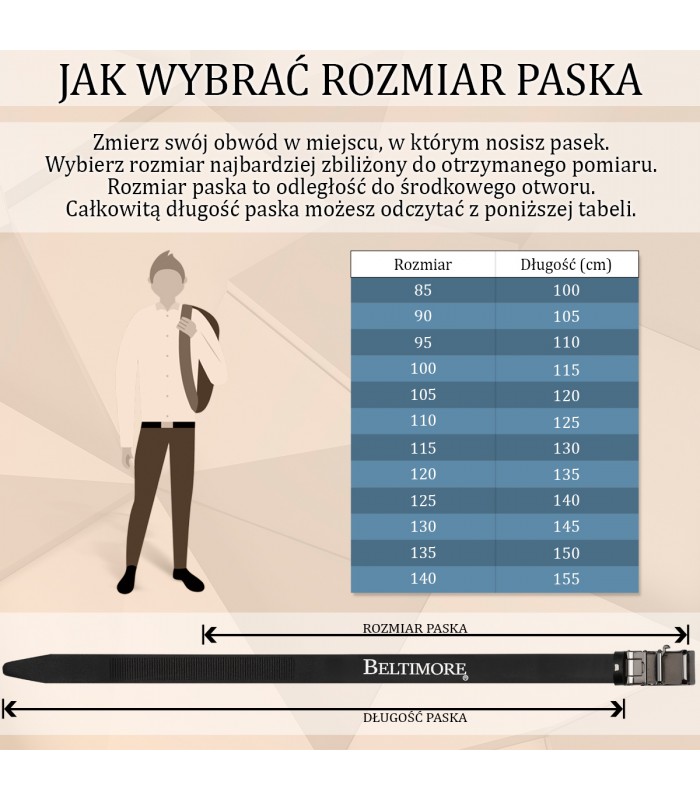 Pasek męski skórzany klamra automatyczna czarny Beltimore A48