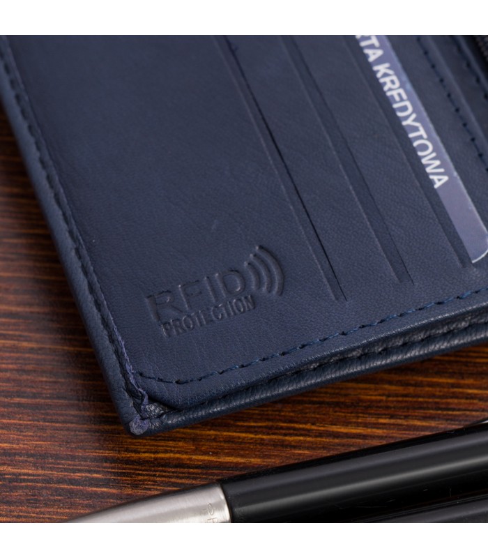 Portfel skórzany męski mały pionowy z flagą granatowy RFiD Beltimore D48