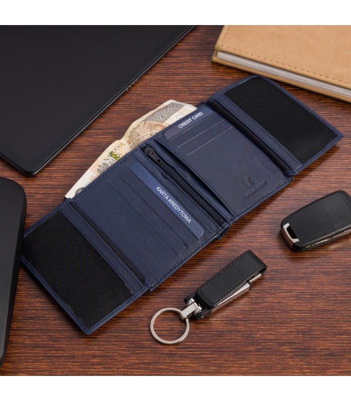 Portfel skórzany męski mały pionowy z flagą granatowy RFiD Beltimore D48