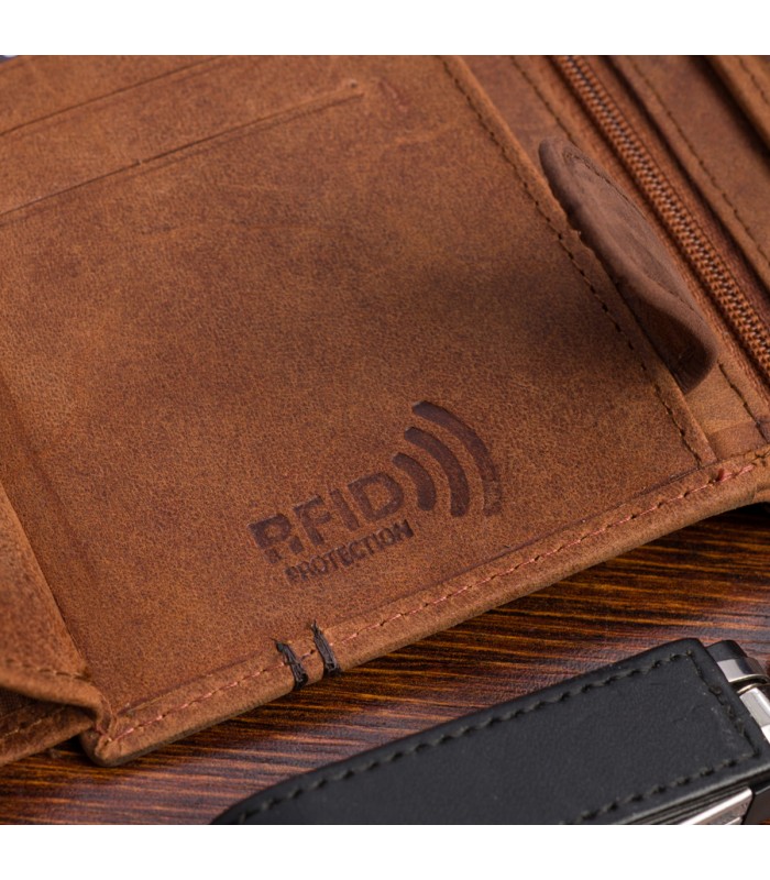 Portfel skórzany męski pionowy klasyczny brązowy RFiD Beltimore D38
