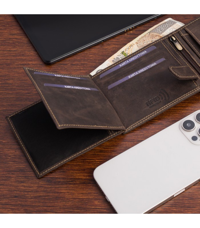 Portfel skórzany męski brąz nubuk poziomy skóra ciężarówka RFiD Beltimore R97