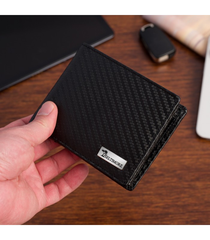 Portfel męski skórzany klasyczny RFiD duży czarny carbon premium Beltimore P01