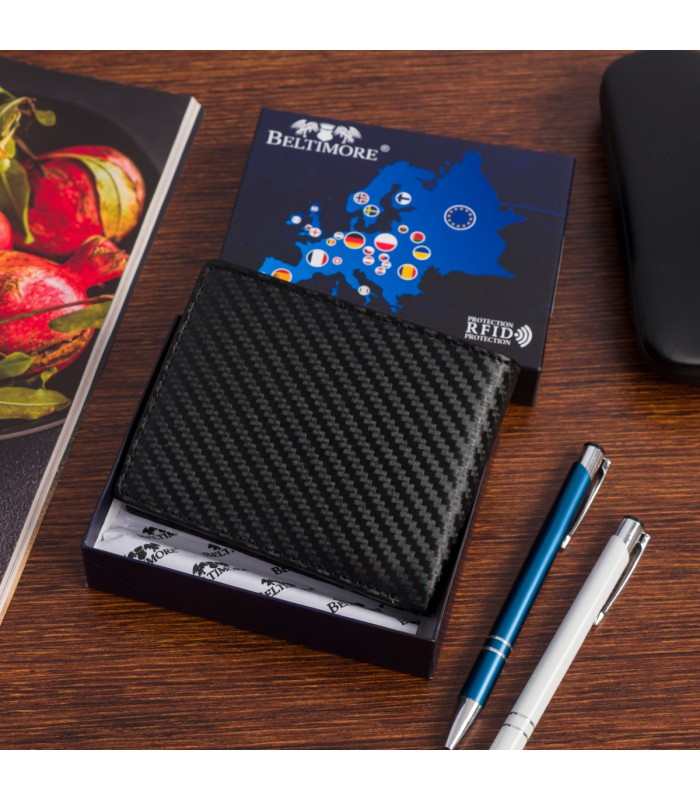 Portfel męski skórzany klasyczny RFiD duży czarny carbon premium Beltimore P01