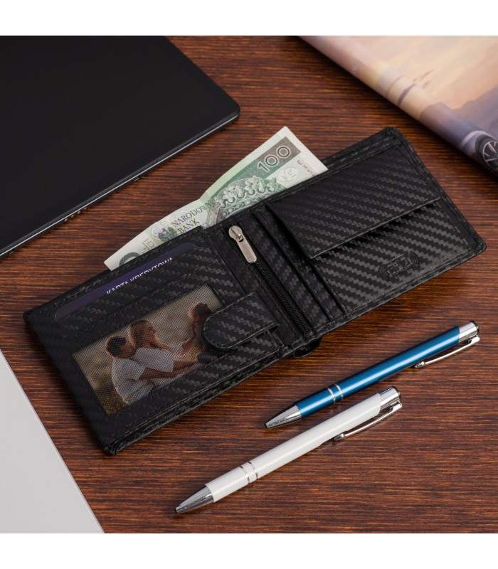 Portfel męski skórzany klasyczny RFiD duży czarny carbon premium Beltimore P01