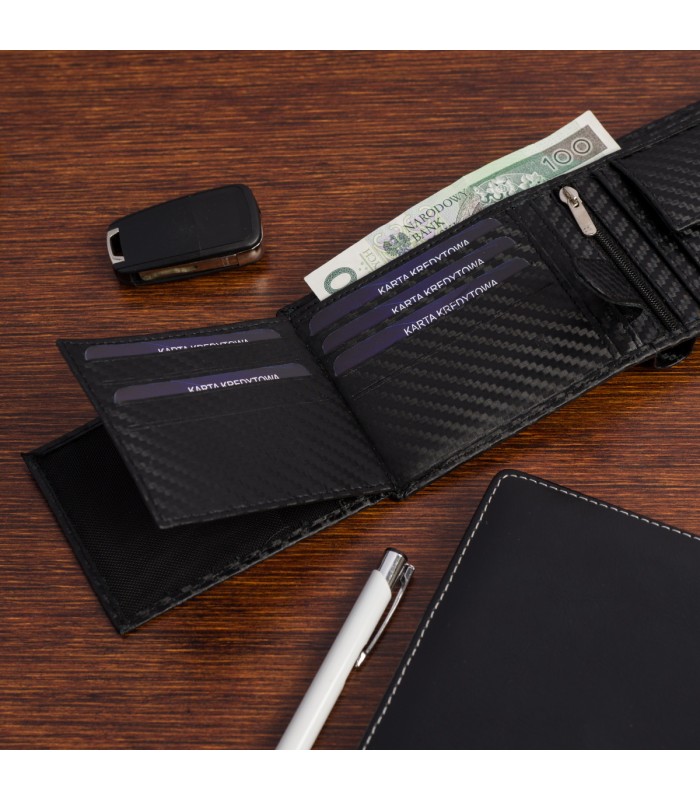 Portfel męski skórzany klasyczny RFiD duży czarny carbon premium Beltimore P01