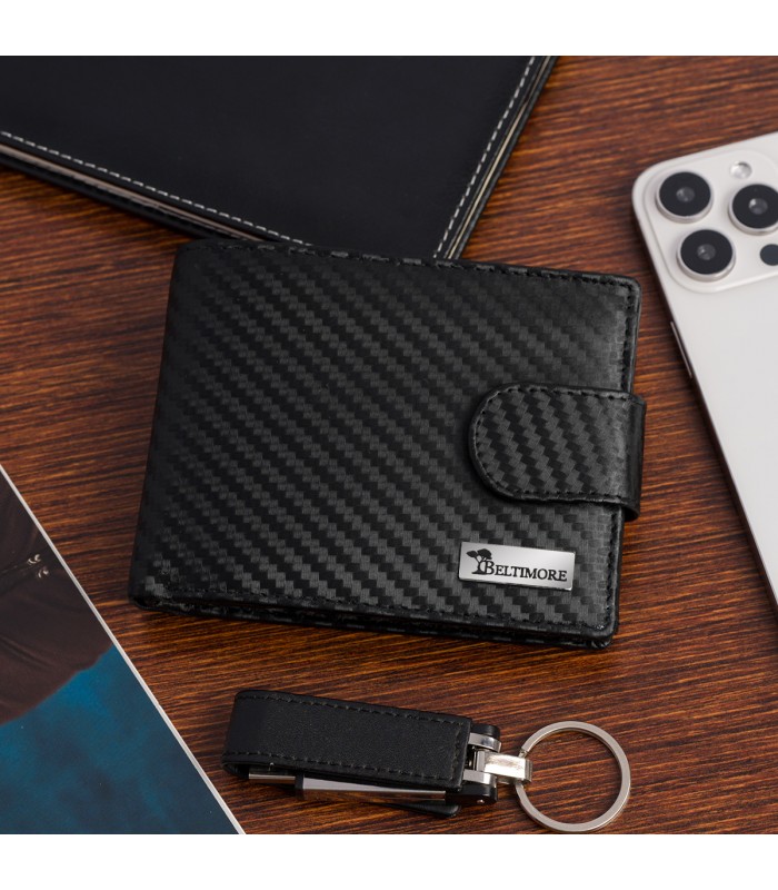 Męski portfel skórzany klasyczny RFiD duży czarny carbon premium Beltimore P02