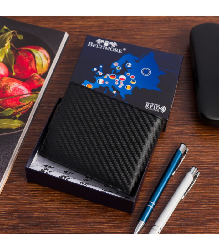 Męski portfel skórzany klasyczny RFiD duży czarny carbon premium Beltimore P02
