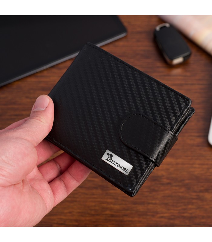 Męski portfel skórzany klasyczny RFiD duży czarny carbon premium Beltimore P02