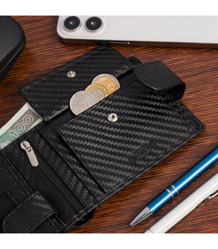 Męski portfel skórzany klasyczny RFiD duży czarny carbon premium Beltimore P02