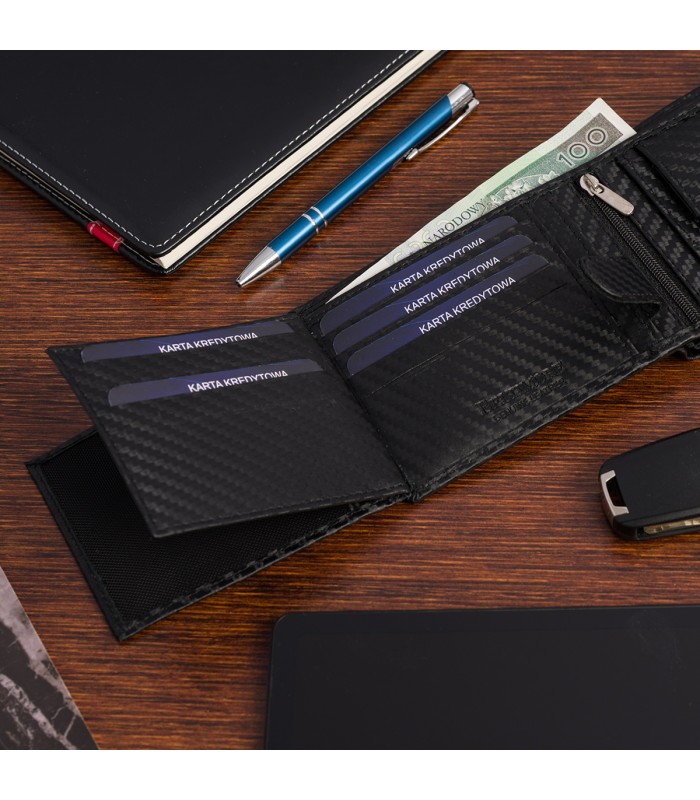 Męski portfel skórzany klasyczny RFiD duży czarny carbon premium Beltimore P02