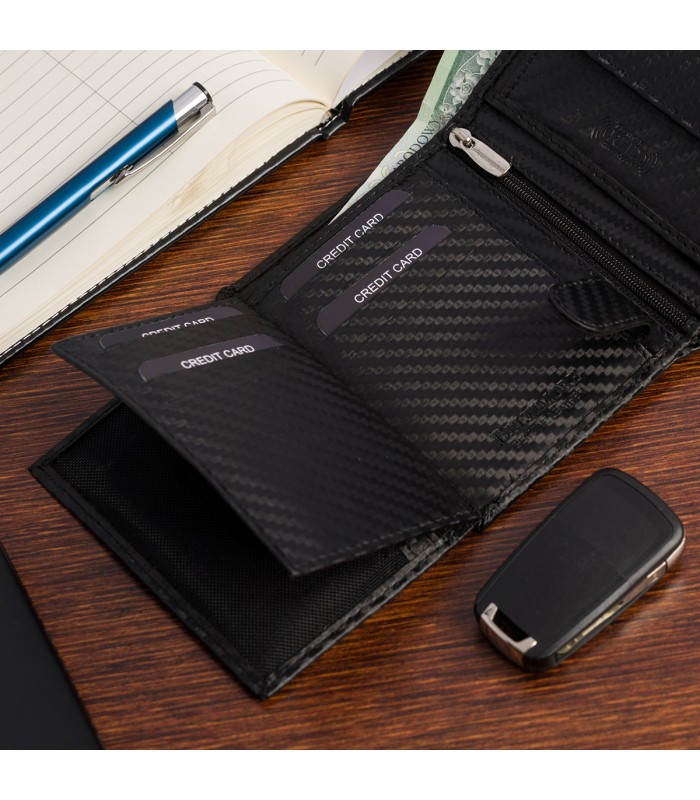 Męski portfel skórzany pionowy klasyczny RFiD duży czarny carbon premium Beltimore P03
