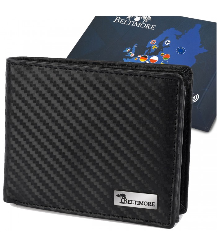 Portfel męski skórzany klasyczny RFiD duży czarny carbon premium Beltimore P01