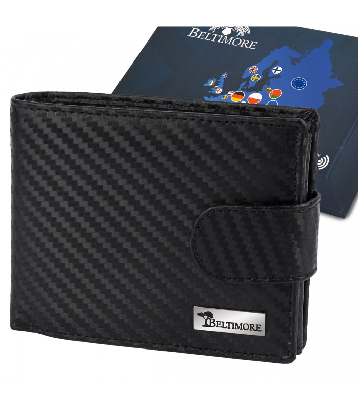 Męski portfel skórzany klasyczny RFiD duży czarny carbon premium Beltimore P02
