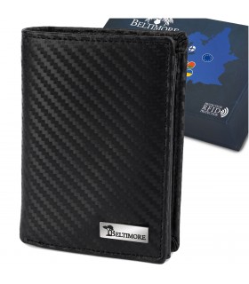 Męski portfel skórzany pionowy klasyczny RFiD duży czarny carbon premium Beltimore P03