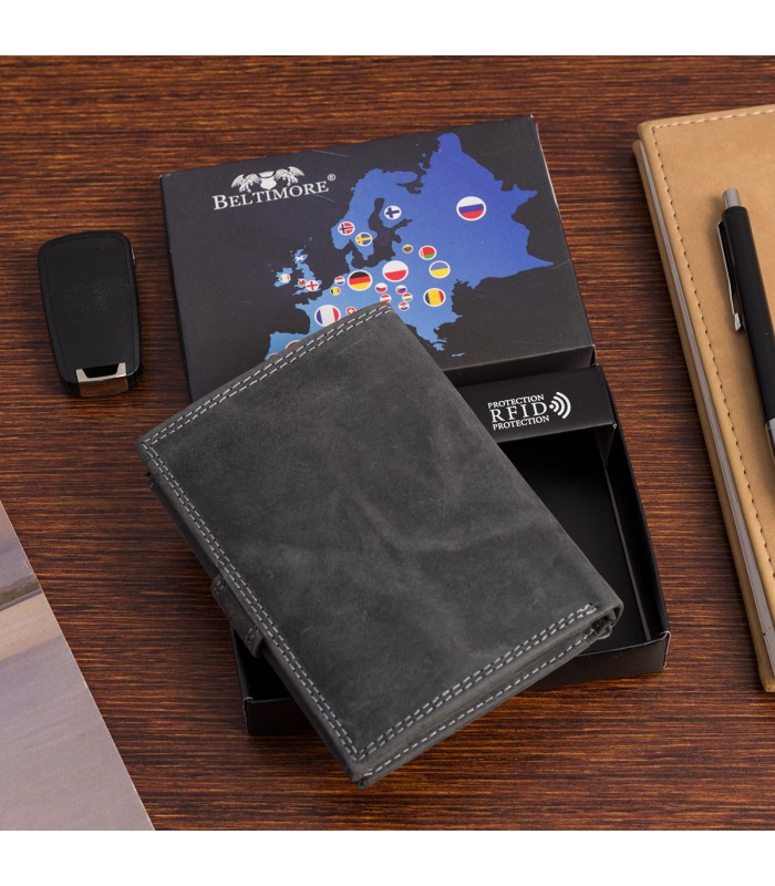 Portfel skórzany męski pionowy z zapinią klasyczny czarny RFiD Beltimore S49