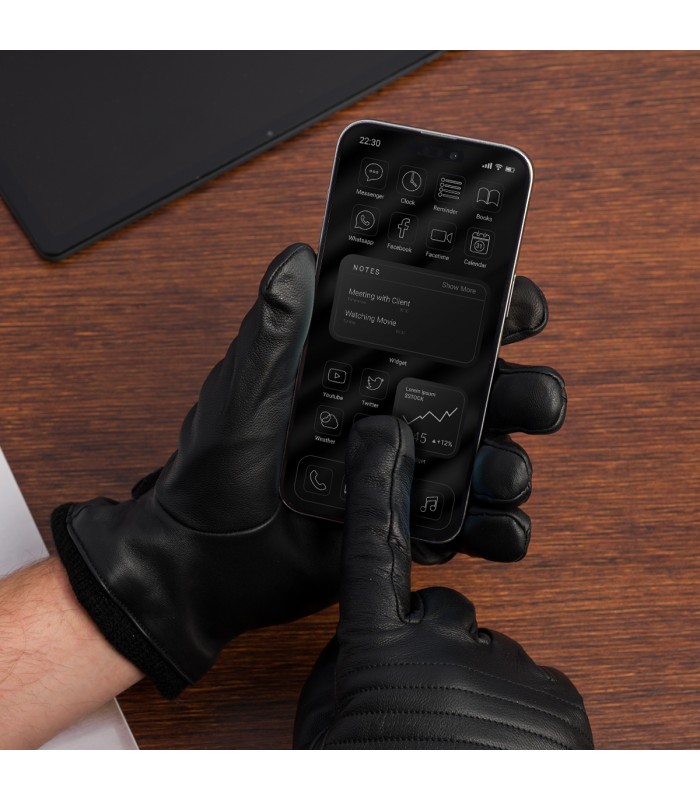 Rękawiczki skórzane męskie czarne polar ciepłe touch finger BELTIMORE K34