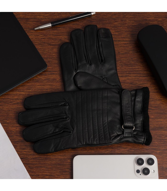Rękawiczki skórzane męskie czarne polar ciepłe touch finger BELTIMORE K34