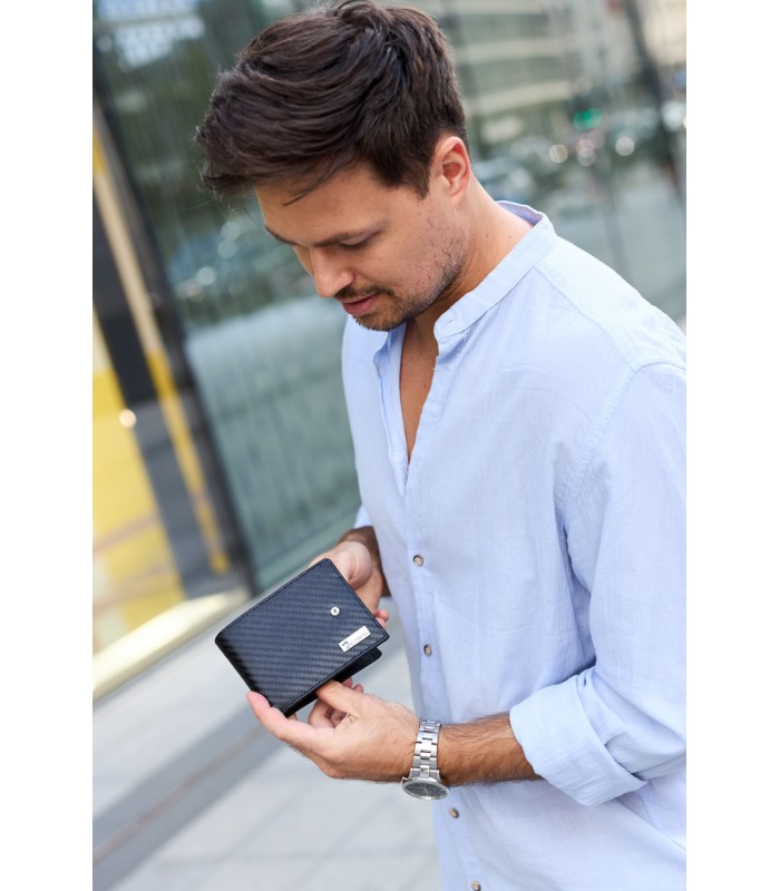 Męski portfel skórzany klasyczny RFiD duży czarny carbon premium Beltimore P02