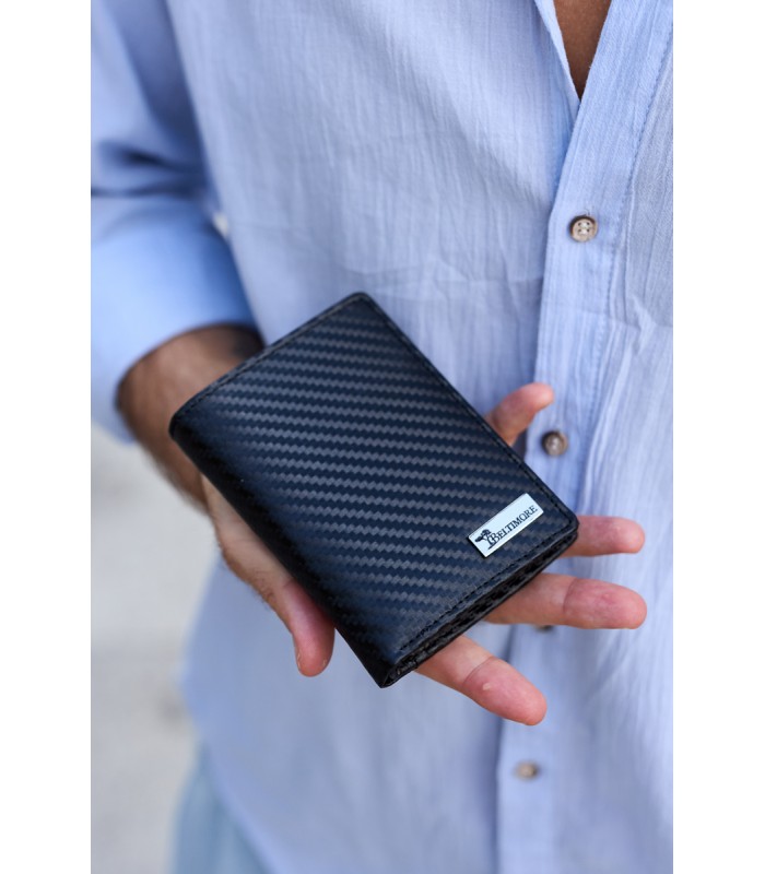 Męski portfel skórzany pionowy klasyczny RFiD duży czarny carbon premium Beltimore P03