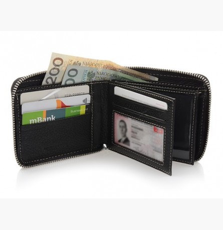 portfel skórzany zasuwany poziomy ciemny brąz duży RFiD H02