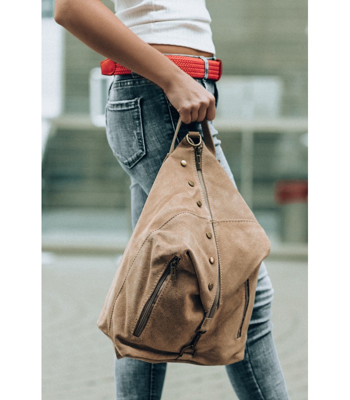 Czarny Włoski Stylowy Plecak Damski Skórzany Zamsz A4 W14