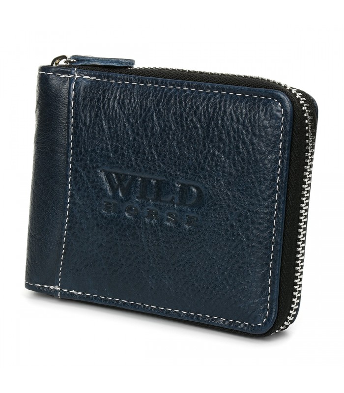 Granatowy Portfel skórzany zasuwany duży Wild RFiD H02