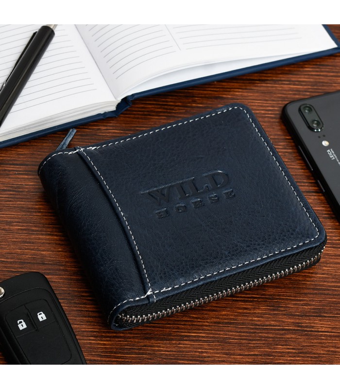 Granatowy Portfel skórzany zasuwany duży Wild RFiD H02