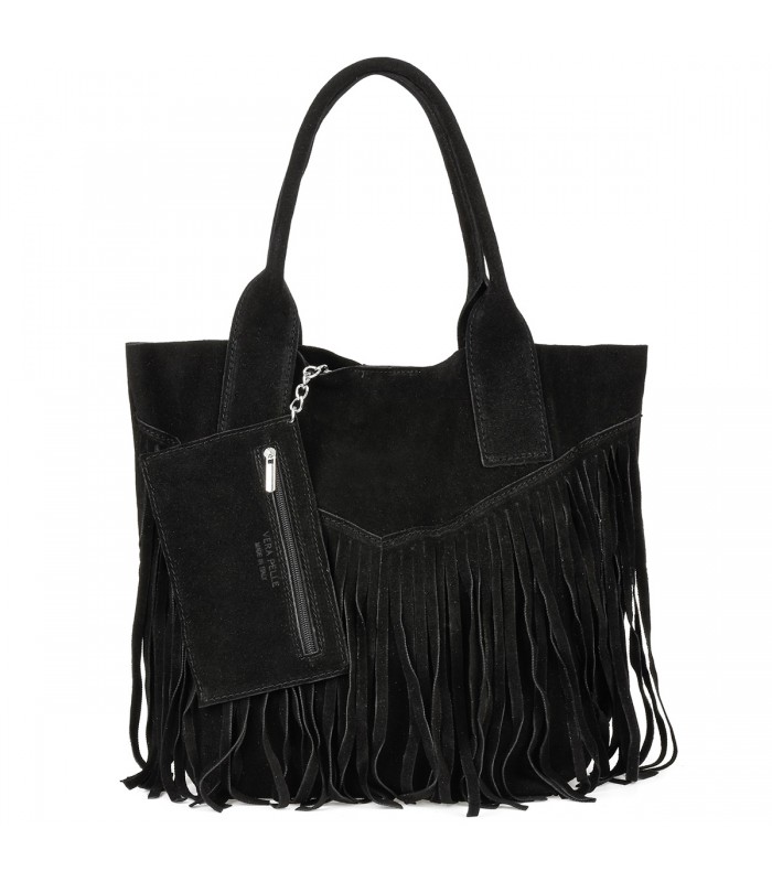 Czarna Torebka damska skórzana zamszowa A4 frędzel duża L83