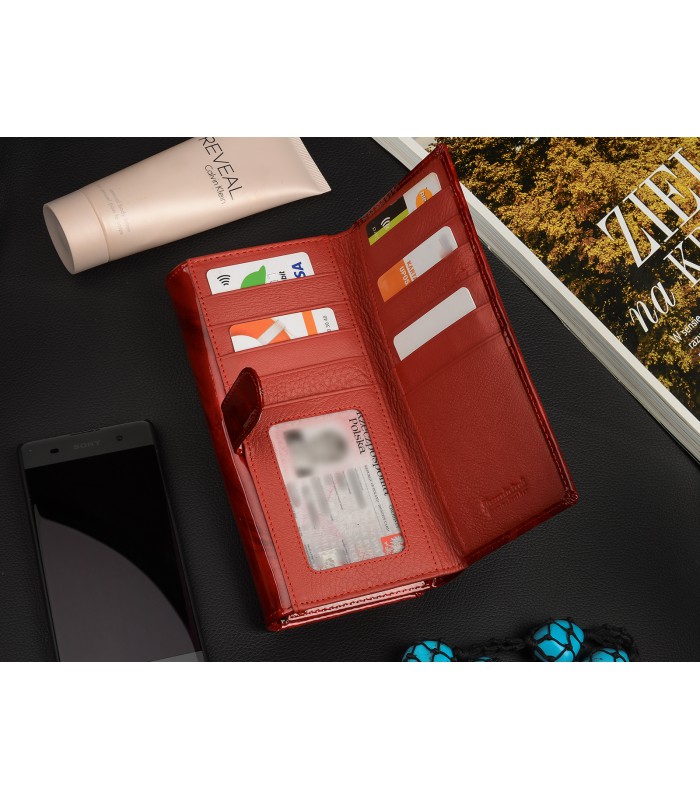 Portfel damski skórzany poziomy elegancki RFID piórka czerwony Alessandro X68