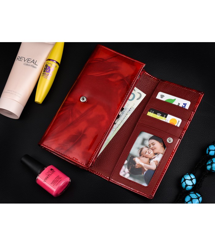 Portfel damski skórzany poziomy elegancki RFID piórka czerwony Alessandro X68