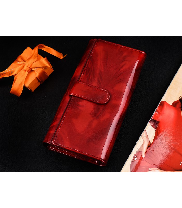 Portfel damski skórzany poziomy elegancki RFID piórka czerwony Alessandro X68