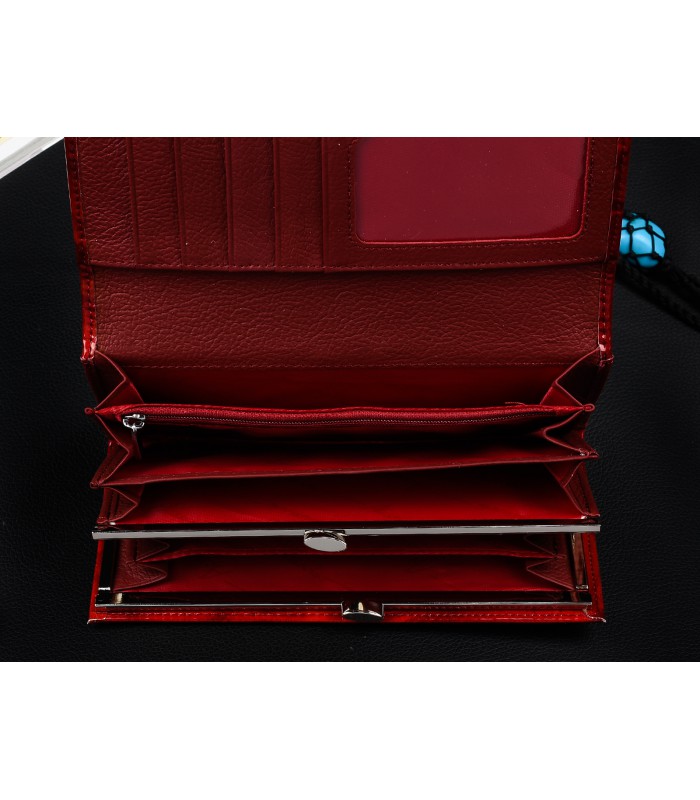 Portfel damski skórzany poziomy elegancki RFID piórka czerwony Alessandro X68