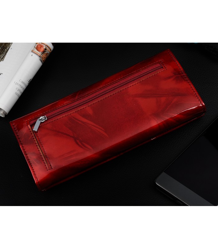 Portfel damski skórzany duży elegancki RFID piórka czerwony Q56