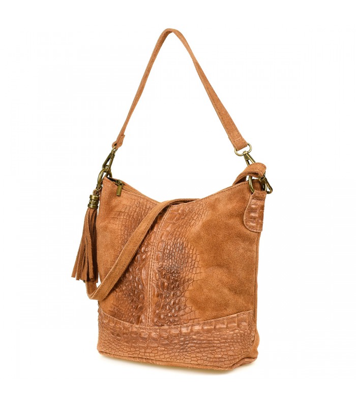 Torebka skórzana zamszowa CROCO listonoszka 2 paski camel Beltimore W13