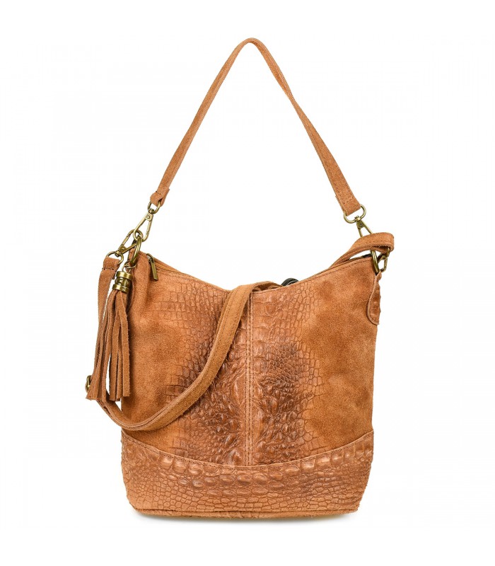 Torebka skórzana zamszowa CROCO listonoszka 2 paski camel Beltimore W13