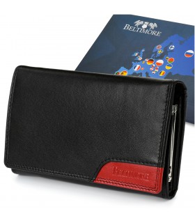 Damski skórzany portfel duży poziomy z biglem RFiD czarny BELTIMORE 038