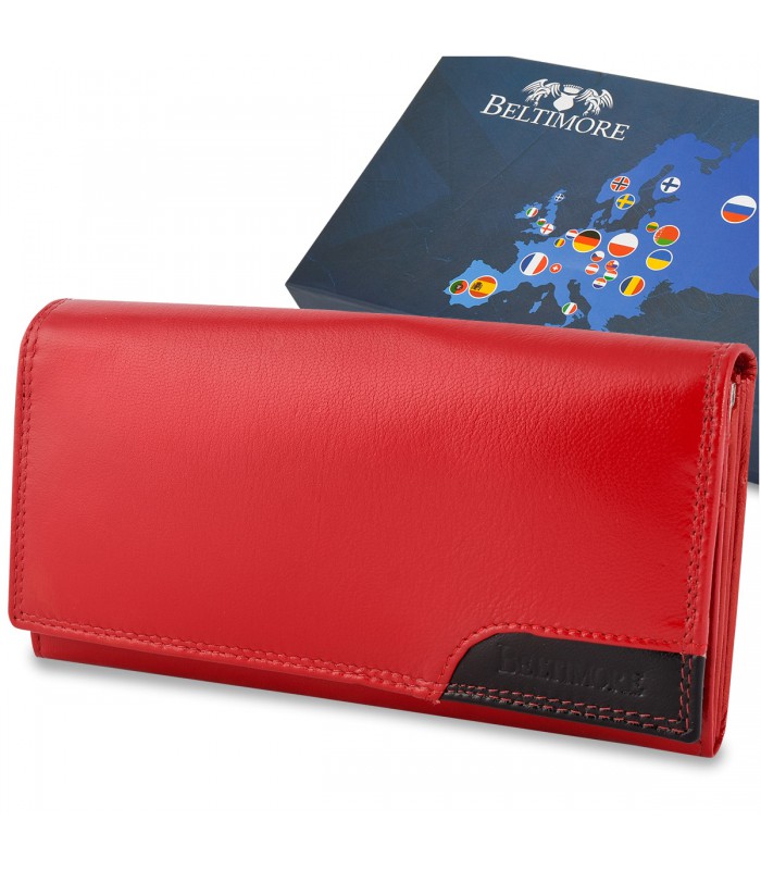 Damski skórzany portfel duży poziomy retro RFiD czerwony BELTIMORE 040