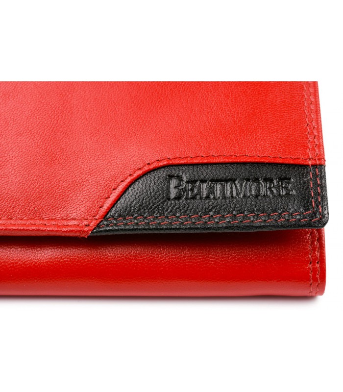 Damski skórzany portfel duży poziomy retro RFiD czerwony BELTIMORE 040