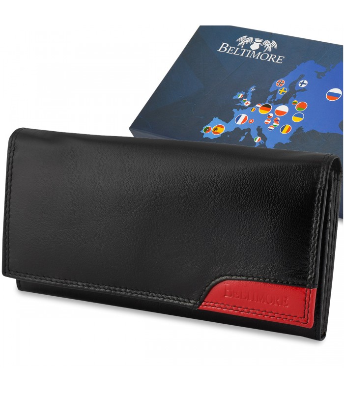 Damski skórzany portfel duży poziomy retro RFiD czarny BELTIMORE 040